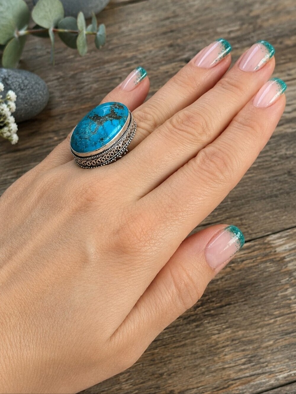 925 Sterling Silver Genuine Turquoise Large Oval Cabochon Western Ring Size 8.5 - Picture 9 of 15